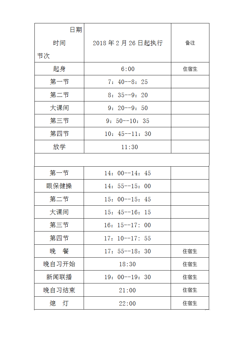 盐城市明达中学2018年春学期作息时间表