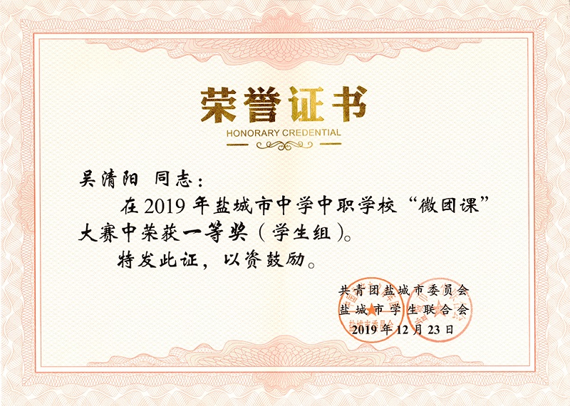 2020年喜报一：我校吴清阳同学荣获全市中学中职微团课比赛一等奖