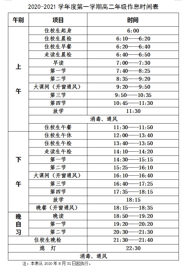盐城市明达高级中学2020-2021学年度第一学期课务分工表、课表、作息时间表公示