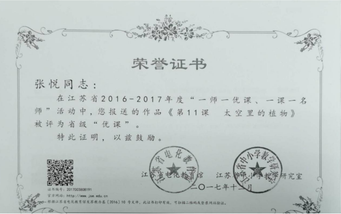 “一师一优课，一课一名师”获奖证书